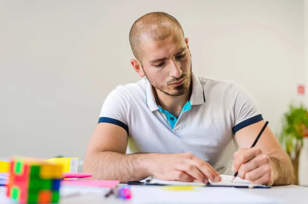 Focused writer developing clear writing tone