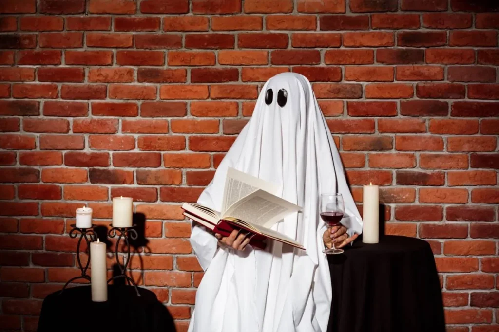 Ghost reading horror book in eerie candlelit setting